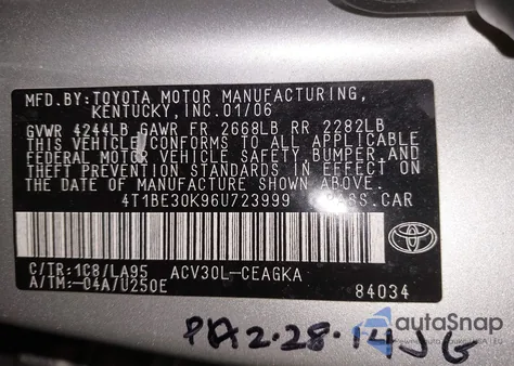 2006 Toyota Camry Xle z USA, uszkodzony, nr VIN 4T1BE30K96U723999